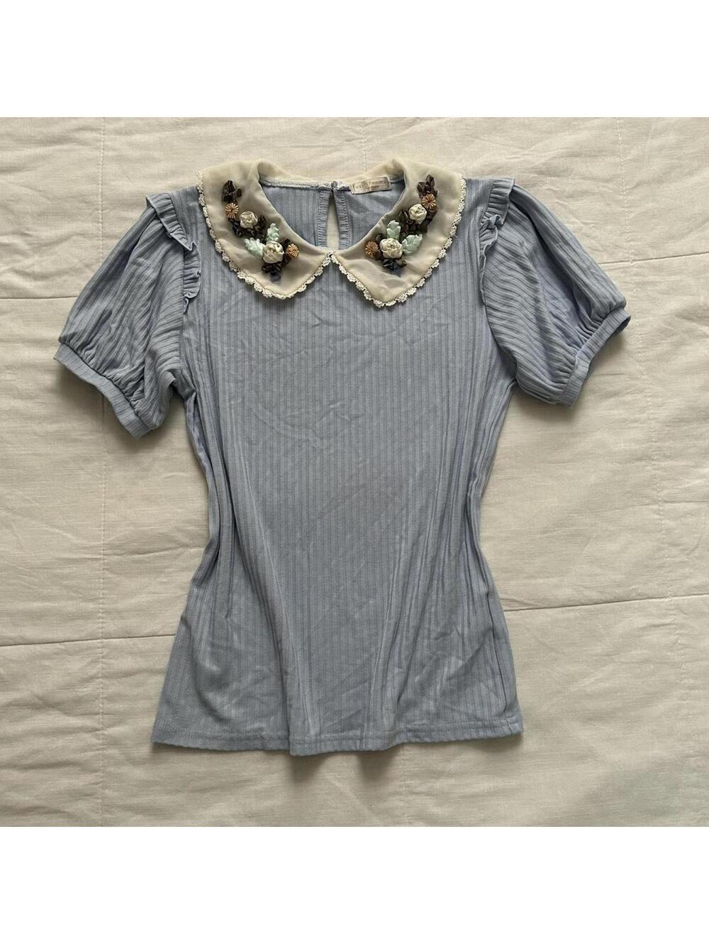 Axes Femme Baby Blue Peter Pan Collar Rosette Short Sleeve Top M Japan